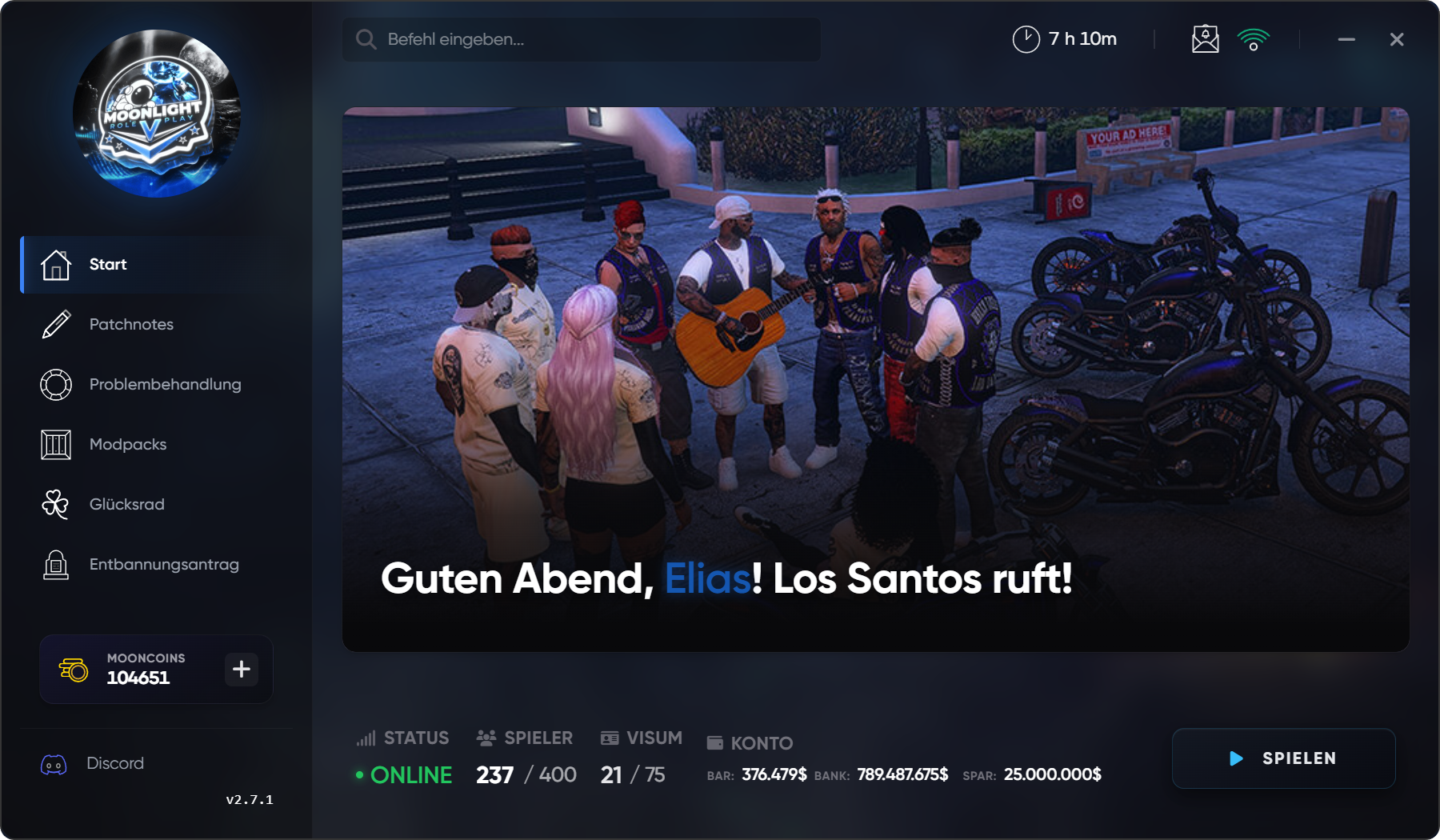 MoonlightV Launcher für GTA 5 FiveM Roleplay